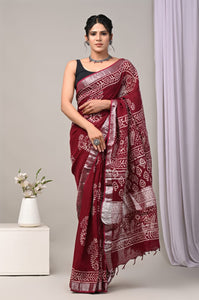 Hand Block Printed Linen Saree With Unstitched Blouse CMSRE08PR0178