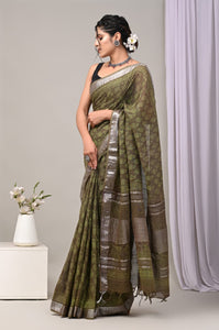 Hand Block Printed Linen Saree With Unstitched Blouse CMSRE08PR0183