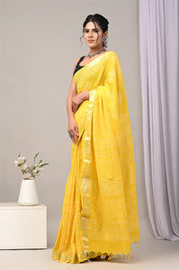 Hand Block Printed Linen Saree With Unstitched Blouse