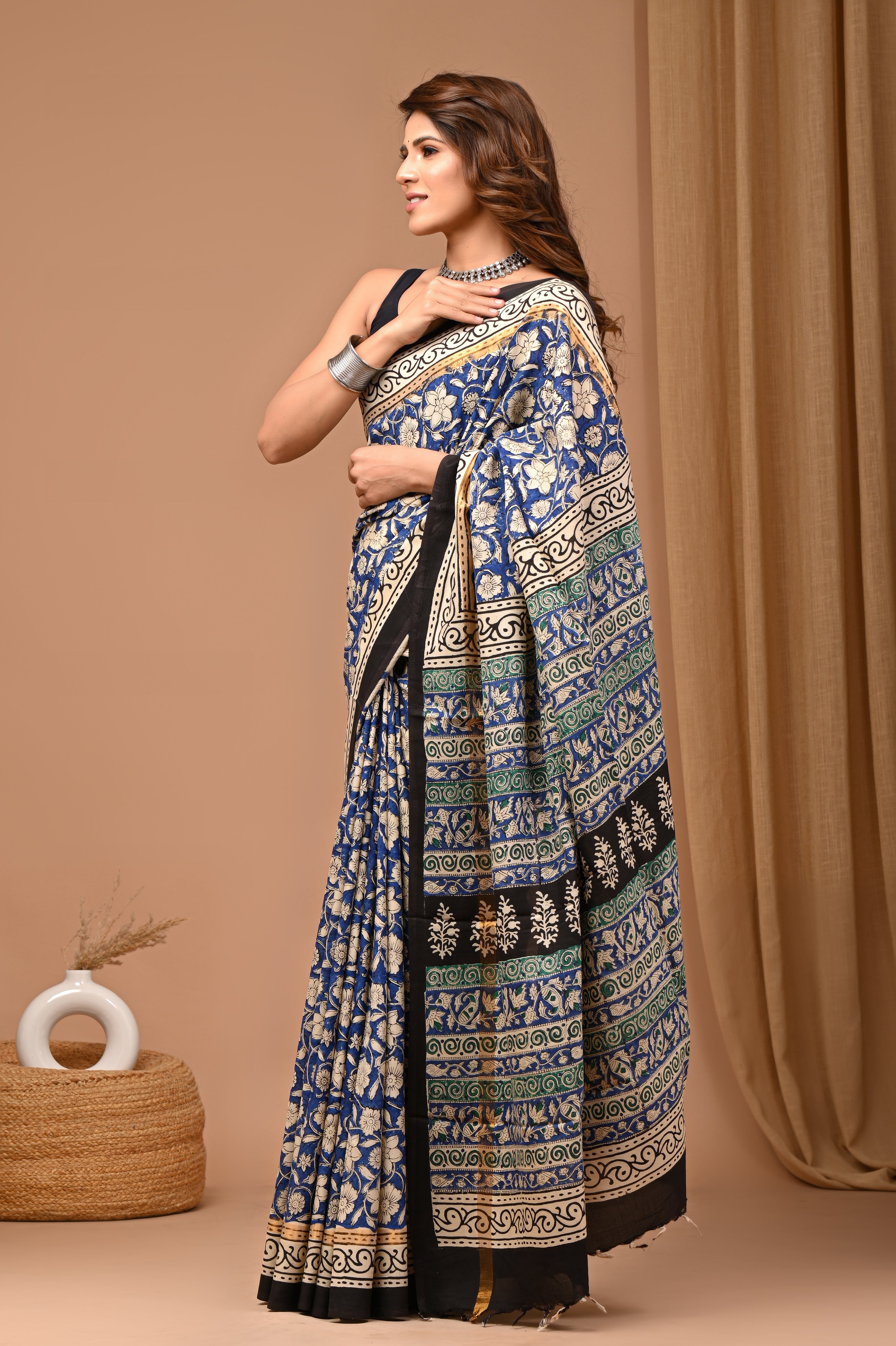 Assam Silk Saree with Hand Block Print - Sky Blue - AbAlDo's