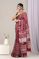 Hand Block Printed Cotton Linen Saree With Unstitched Blouse