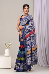 Hand Block Printed Cotton Linen Saree With Unstitched Blouse