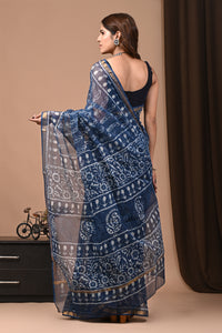 Crafts Moda Indigo Blue Hand Block Printed Kota Doria Saree With Blouse