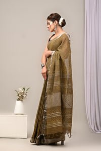 Dabu Print Cotton Linen Saree With Unstitched Blouse