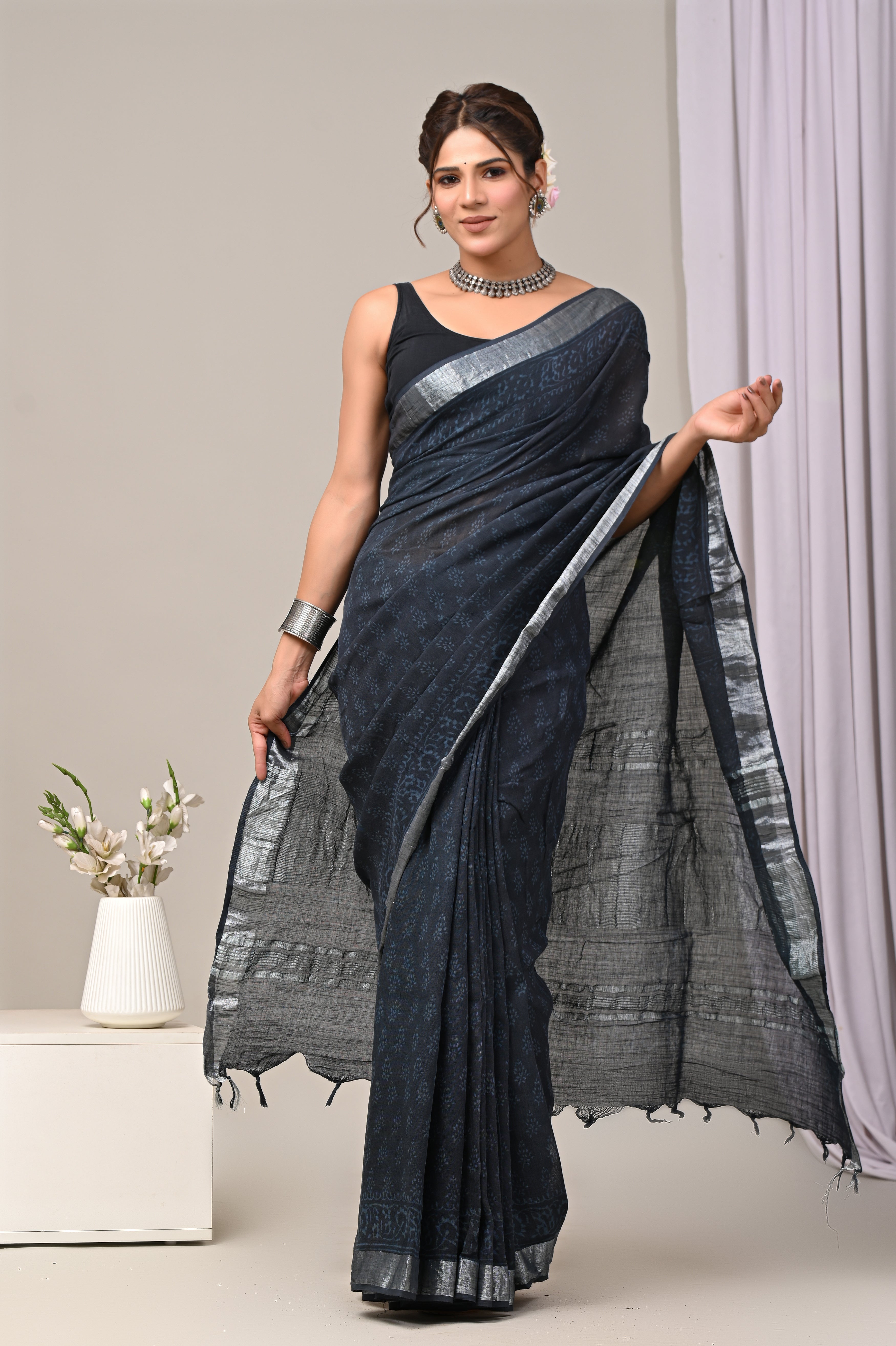 Buy Sea Green BlockPrinted Handwoven Linen Zari Saree | NEW – Chidiyaa