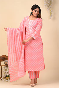 Cotton Block Print Butti Suit Set in Shades of Rose