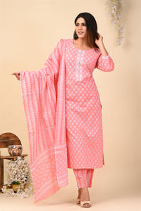 Cotton Block Print Butti Suit Set in Shades of Rose