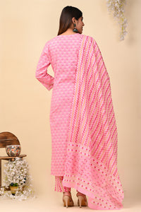 Cotton Hand Block Print Butti Suit Set in Baby Pink Color