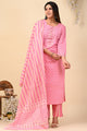 Cotton Hand Block Print Butti Suit Set in Baby Pink Color