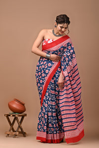 Jaipuri Printed Pure Cotton Mulmul Saree With Blouse