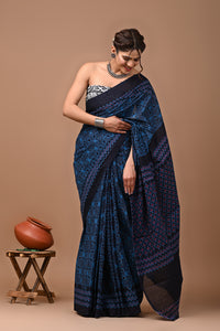 Jaipuri Printed Pure Cotton Mulmul Saree With Blouse