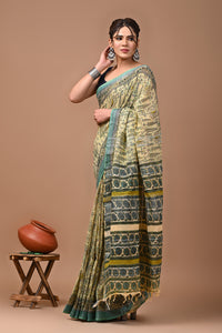 Block Printed Cotton linen Saree With Unstiched Blouse