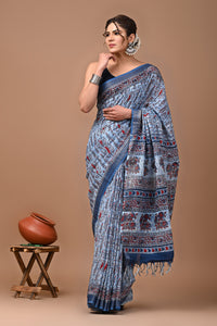 Block Printed Cotton linen Saree With Unstiched Blouse