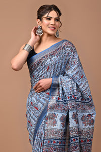 Block Printed Cotton linen Saree With Unstiched Blouse