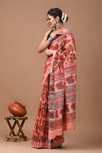 Block Printed Cotton linen Saree With Unstiched Blouse