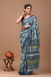 Block Printed Cotton linen Saree With Unstiched Blouse