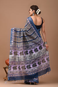 Block Printed Cotton linen Saree With Unstiched Blouse