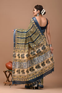 Block Printed Cotton linen Saree With Unstiched Blouse