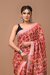 Block Printed Cotton linen Saree With Unstiched Blouse