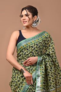 Block Printed Cotton linen Saree With Unstiched Blouse