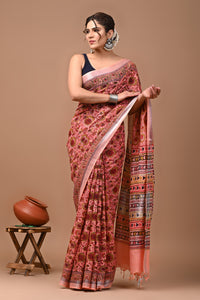 Block Printed Cotton linen Saree With Unstiched Blouse