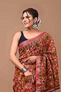 Block Printed Cotton linen Saree With Unstiched Blouse