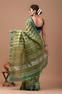 Block Printed Cotton linen Saree With Unstiched Blouse