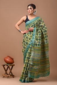 Block Printed Cotton linen Saree With Unstiched Blouse