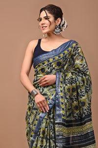 Block Printed Cotton linen Saree With Unstiched Blouse