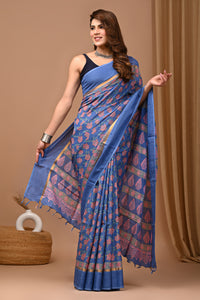 Traditional Indian Block Printed Assam Silk Saree With Blouse