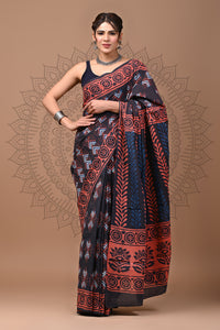 Indian Block Printed Cotton Saree With Blouse