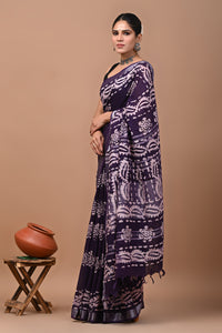 Block Printed Cotton linen Saree With Unstiched Blouse