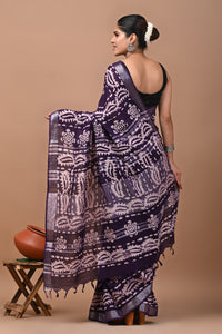 Block Printed Cotton linen Saree With Unstiched Blouse