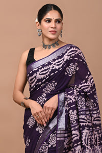 Block Printed Cotton linen Saree With Unstiched Blouse