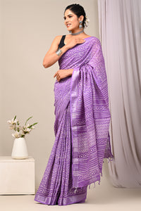 Hand Block Printed Linen Saree With Unstitched Blouse CMSRE08PR0161