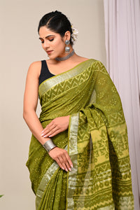 Hand Block Printed Linen Saree With Unstitched Blouse CMSRE08PR0162