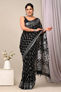 Hand Block Printed Linen Saree With Unstitched Blouse CMSRE08PR0163
