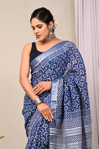 Hand Block Printed Linen Saree With Unstitched Blouse CMSRE08PR0164