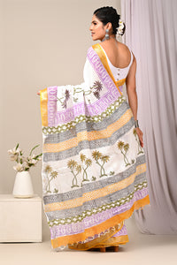 Hand Block Printed Linen Saree With Unstitched Blouse CMSRE08PR0166