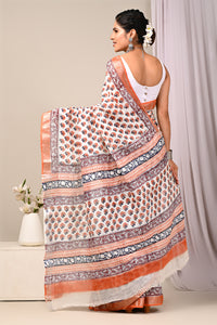Hand Block Printed Linen Saree With Unstitched Blouse CMSRE08PR0167