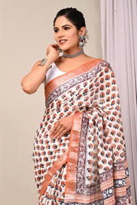 Hand Block Printed Linen Saree With Unstitched Blouse