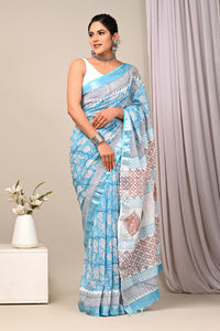 Hand Block Printed Linen Saree With Unstitched Blouse CMSRE08PR0168