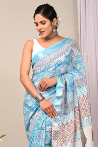 Hand Block Printed Linen Saree With Unstitched Blouse CMSRE08PR0168