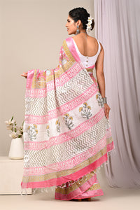 Hand Block Printed Linen Saree With Unstitched Blouse CMSRE08PR0169