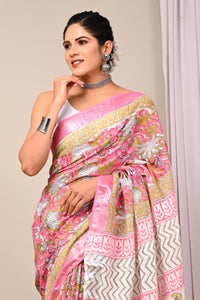 Hand Block Printed Linen Saree With Unstitched Blouse CMSRE08PR0169
