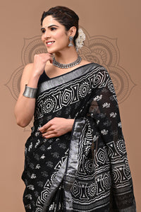 Black & White Block Printed Cotton Linen Saree With Unstitched Blouse