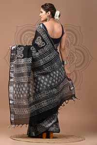 Black & White Block Printed Cotton Linen Saree With Unstitched Blouse