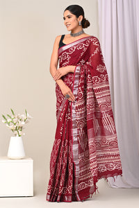 Hand Block Printed Linen Saree With Unstitched Blouse CMSRE08SV0137