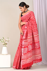 Hand Block Printed Linen Saree With Unstitched Blouse CMSRE08SV0138
