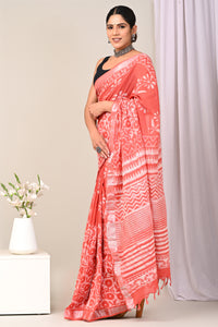 Hand Block Printed Linen Saree With Unstitched Blouse CMSRE08SV0139